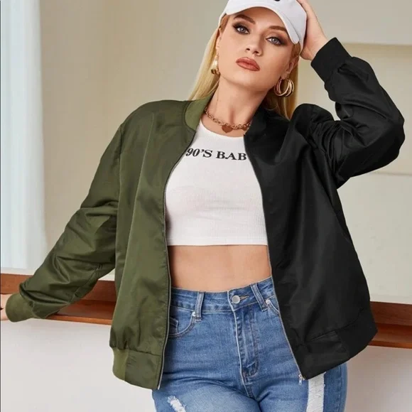 SHEIN Jackets Coats Colorblock Black And Olive Green Zipup